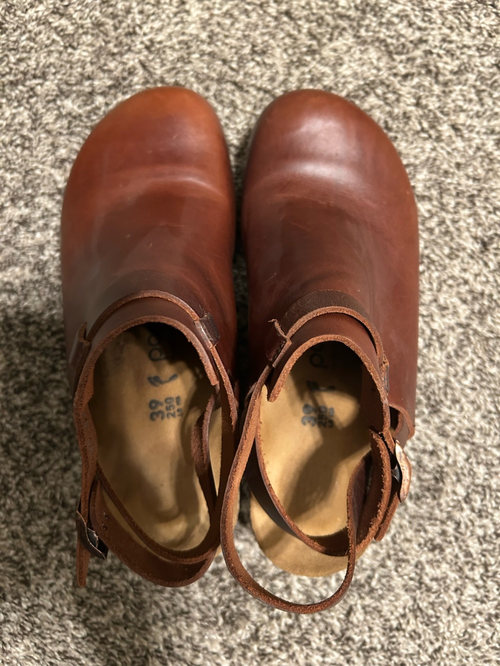 Papillio Brown Leather Slip-On Clogs with Ankle Strap
